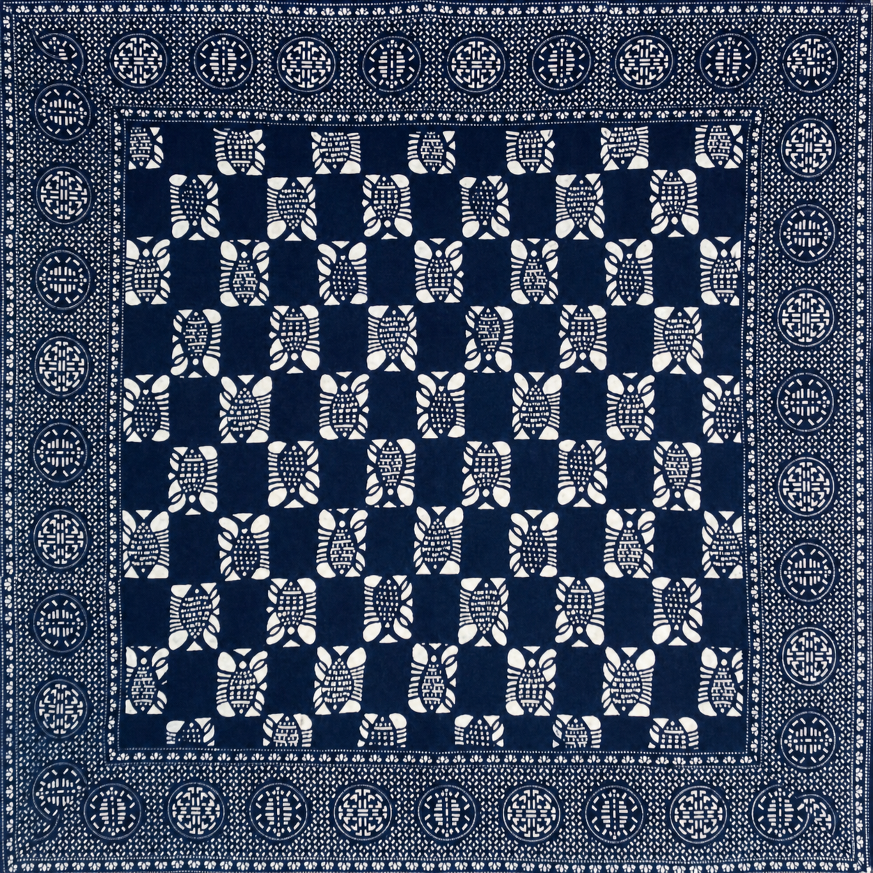 Indigo fish and longevity-symbol tapestry