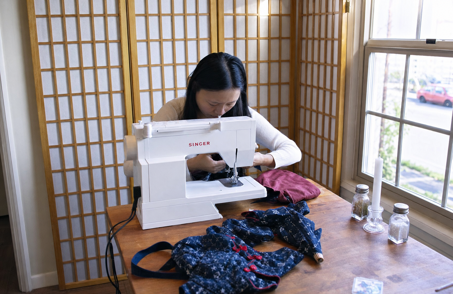 Shengzhu sewing a finished indigo piece